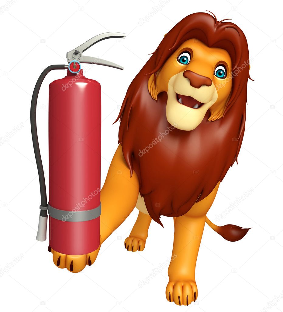 fun Lion cartoon character with fire  extinguisher