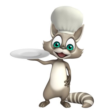 eğlenceli Rakun çizgi film karakteri chef şapka ve yemek tabağı ile 