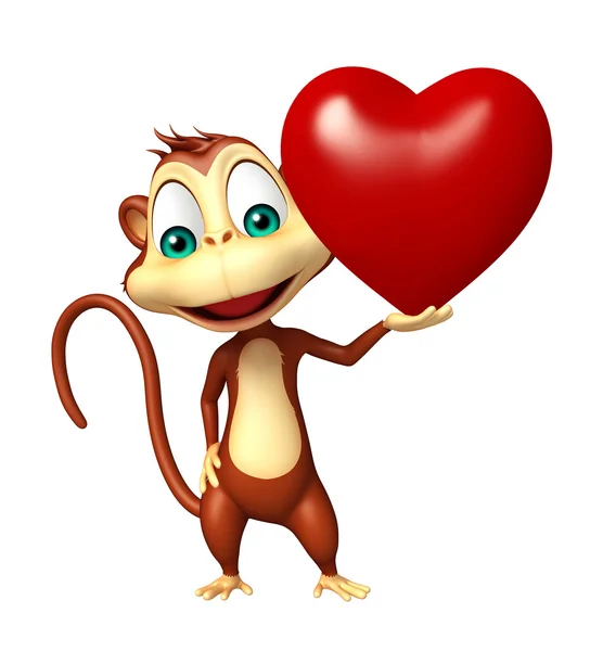 Monkey kreslená postava se srdcem — Stock fotografie