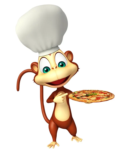 Affe Cartoon-Figur mit Pizza und Kochmütze — Stockfoto