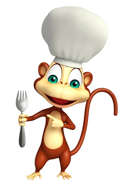 Monkey kreslená postava s kloboukem šéfkuchaře a lžíce — Stock fotografie
