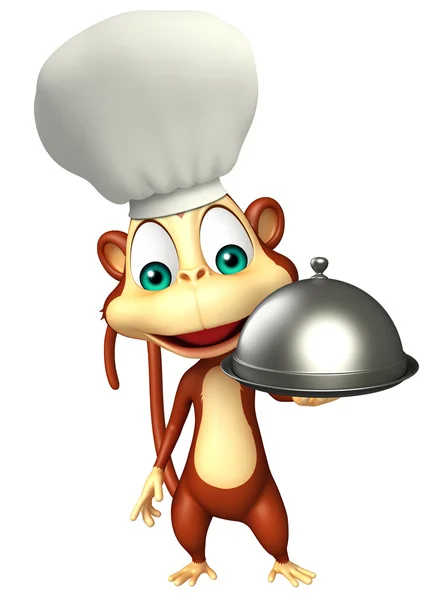 Monkey cartoon character with chef hat and cloche — Stock Photo, Image