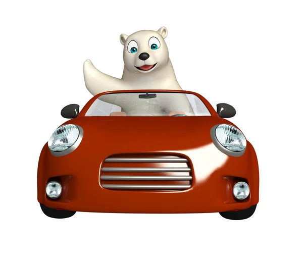Bonito urso polar personagem de desenho animado com carro — Fotografia de Stock