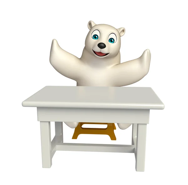 Забавный персонаж мультфильма про белого медведя со столом и стулом — стоковое фото