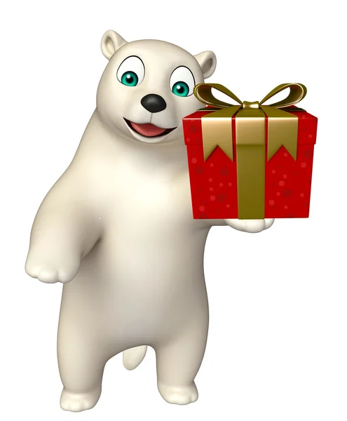 Веселый персонаж мультфильма про белого медведя с подарочной коробкой — стоковое фото