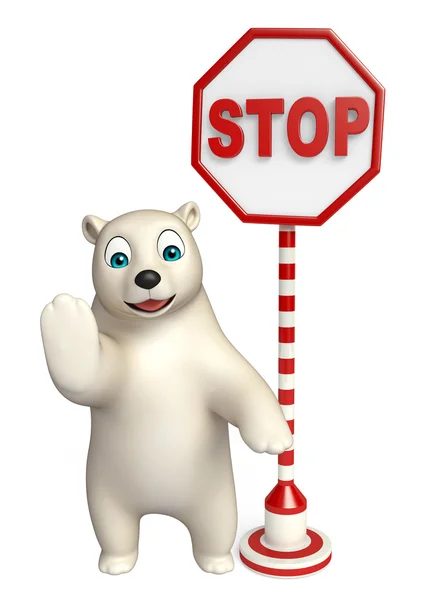 Spaß Eisbär Cartoon-Figur mit Stoppschild — Stockfoto