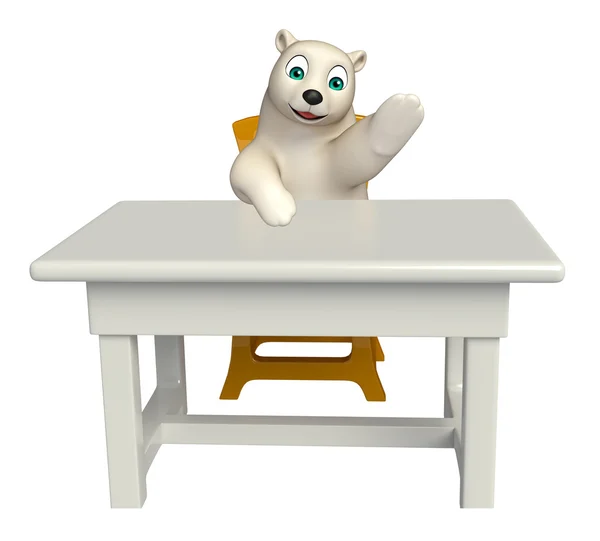 Divertido personagem de desenho animado urso polar com mesa e cadeira — Fotografia de Stock