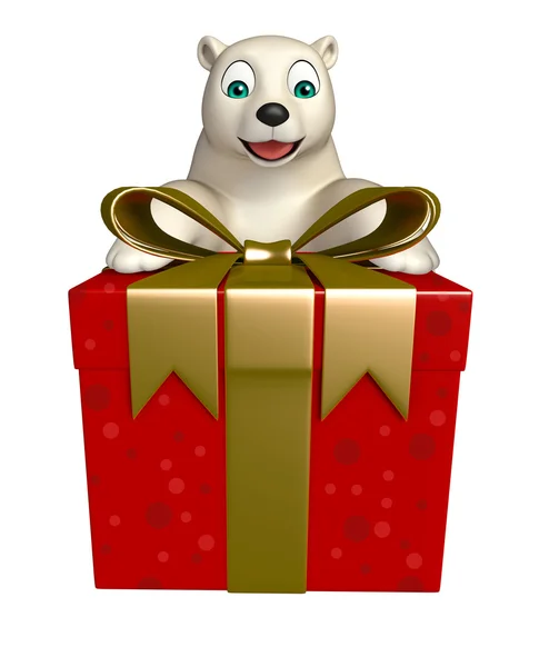 Divertido personaje de dibujos animados oso polar con caja de regalo —  Fotos de Stock