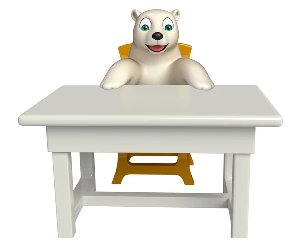 Eğlenceli kutup ayısı çizgi film karakteri masa ve sandalye — Stok fotoğraf