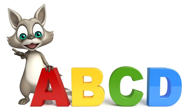 Lindo personaje de dibujos animados mapache con abcd signo — Foto de Stock