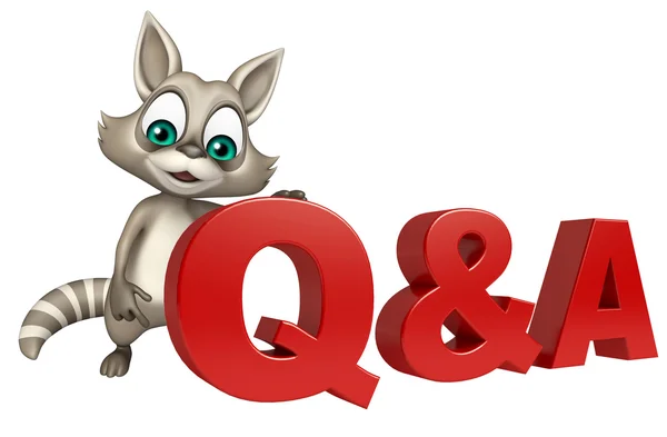 Lindo personaje de dibujos animados mapache con Q & A signo — Foto de Stock