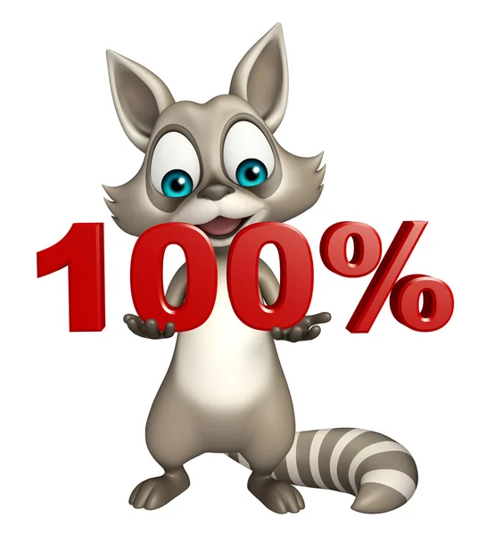 Fun Raccoon cartoon character with 100% sign — Stock Photo, Image