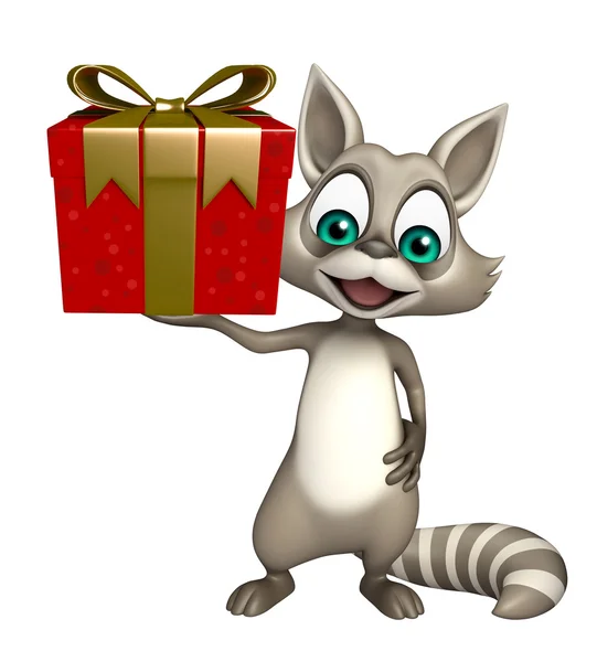 Персонаж мультфильма о енотах с коробкой подарков — стоковое фото