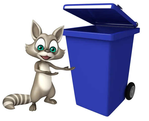 Personagem de desenho animado guaxinim com caixote do lixo — Fotografia de Stock