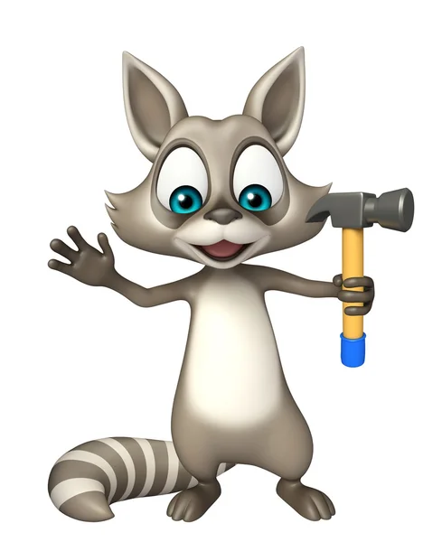 Lindo personaje de dibujos animados mapache con martillo — Foto de Stock