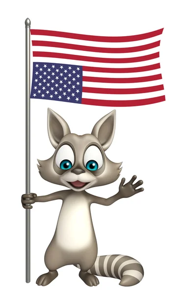 Mignon personnage de dessin animé raton laveur avec drapeau — Photo