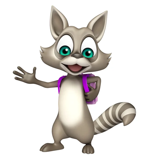 Divertido Raccoon personagem de desenho animado com saco de escola — Fotografia de Stock
