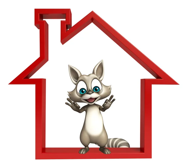 Bonito Raccoon personagem de desenho animado com sinal de casa — Fotografia de Stock