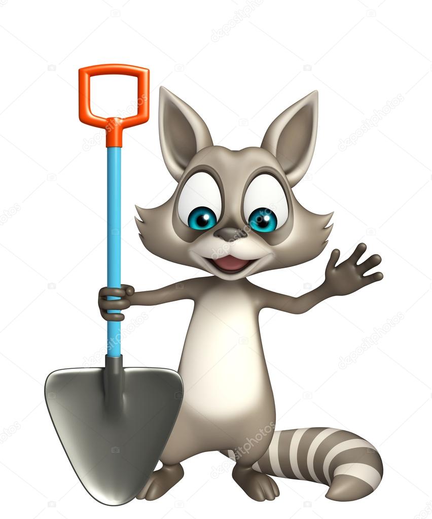 cute Raccoon cartoon character with shovel  