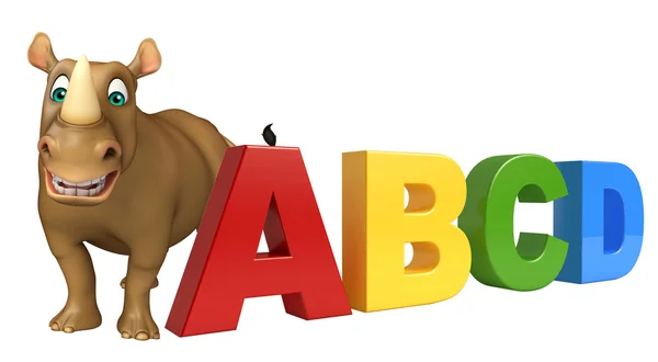 Divertido personaje de dibujos animados de Rhino con signo abcd — Foto de Stock