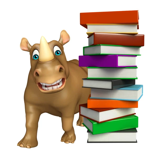 Bonito Rhino personagem dos desenhos animados com livros — Fotografia de Stock