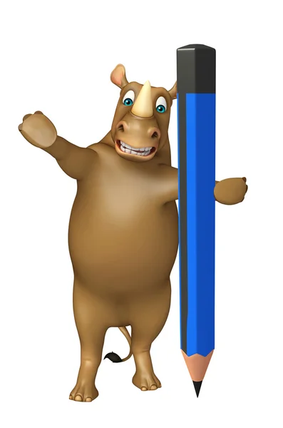 Cute Rhino cartoon character with pencil — Stock Photo, Image