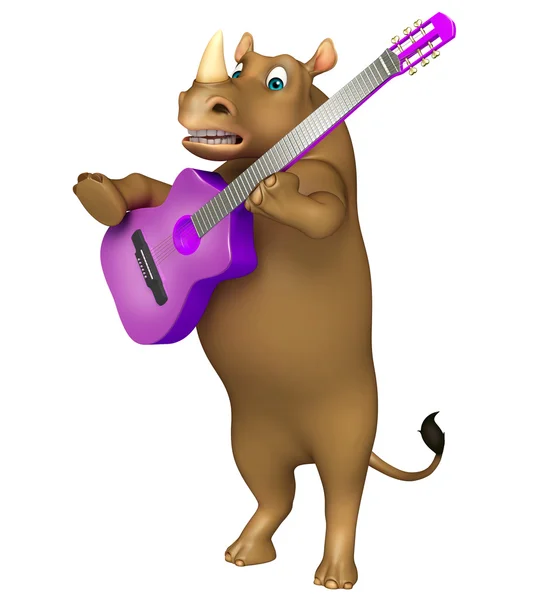 Zabawy Rhino postać z kreskówek z gitara — Zdjęcie stockowe
