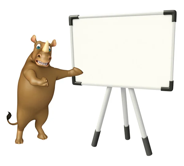 Divertido personaje de dibujos animados Rhino con tablero de exhibición — Foto de Stock