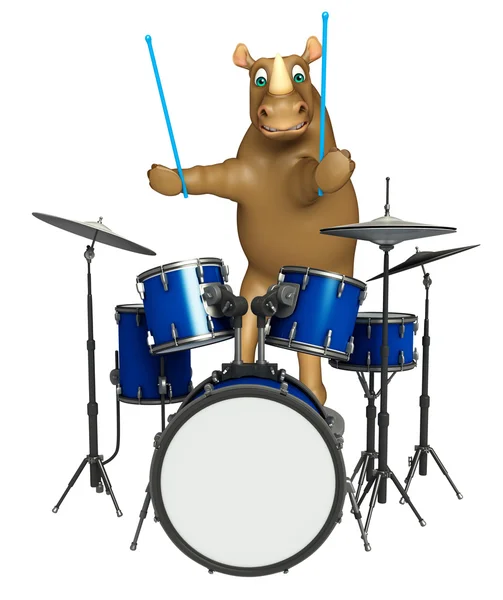 Divertido personaje de dibujos animados Rhino con tambor — Foto de Stock