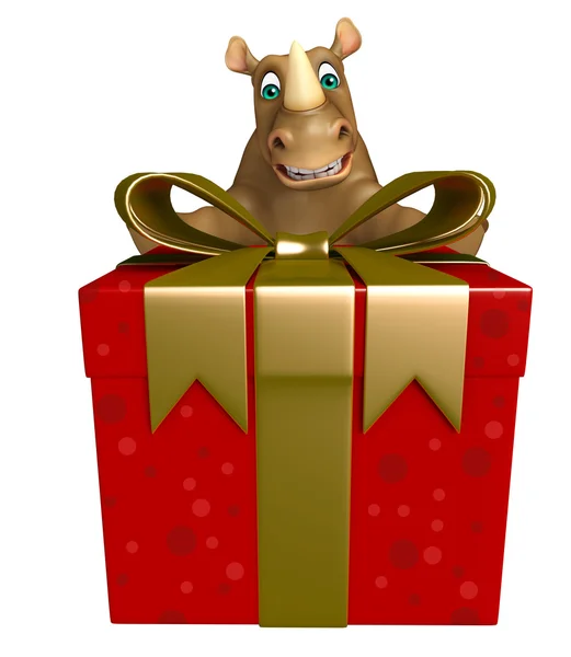 Schattig Rhino cartoon karakter met geschenkdoos — Stockfoto