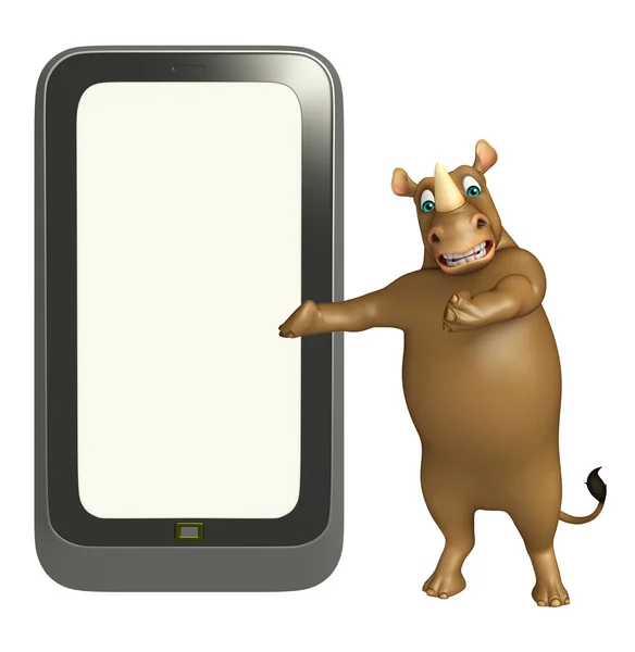 Веселый персонаж из мультфильма Носорог с мобильным — стоковое фото