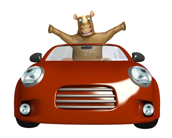 Rinoceronte personagem de desenho animado com carro — Fotografia de Stock