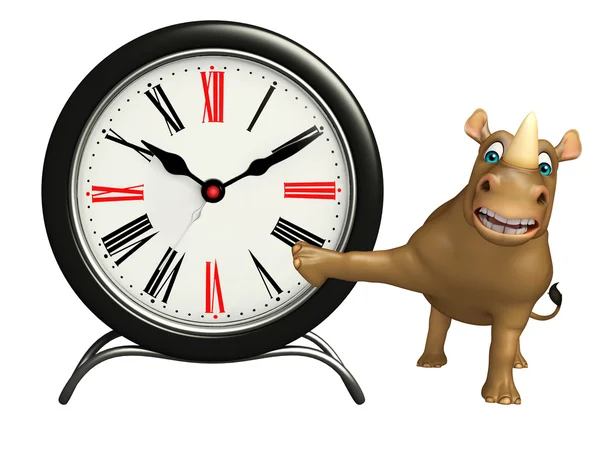 Cute Rhino cartoon character with clock — Stock Photo, Image