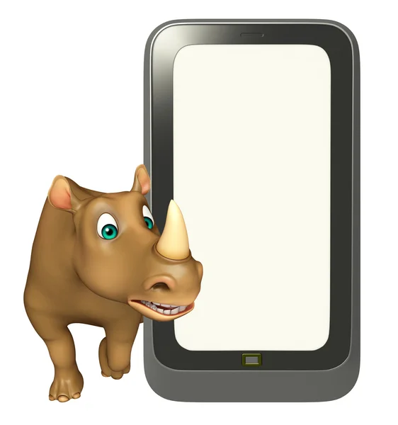 Divertido personagem de desenho animado Rhino com celular — Fotografia de Stock