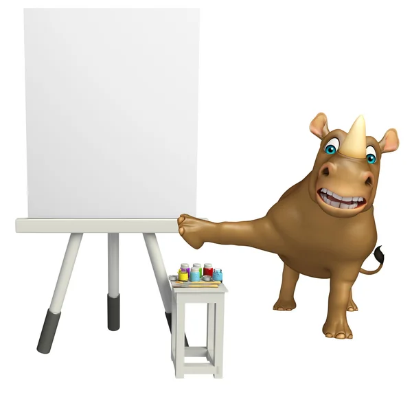 Divertido personaje de dibujos animados Rhino con tablero de caballete — Foto de Stock