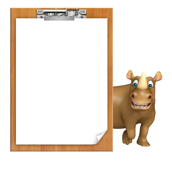 Personaje de dibujos animados Rhino con almohadilla de examen — Foto de Stock