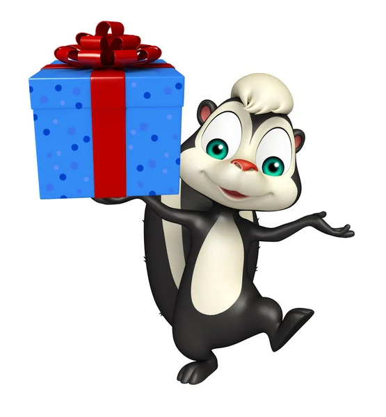 Lindo personaje de dibujos animados Skunk con caja de regalo —  Fotos de Stock