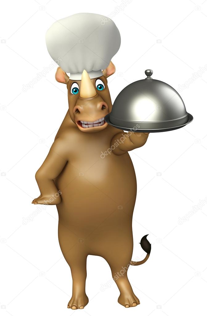 Rhino cartoon character with chef hat and cloche