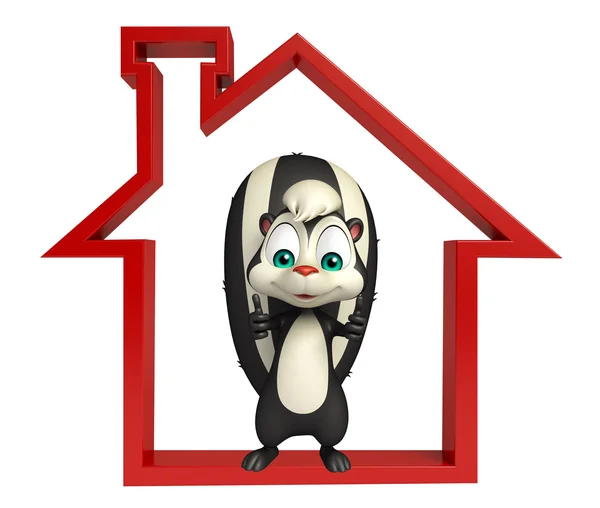 Divertido Skunk personagem de desenho animado com sinal de casa — Fotografia de Stock