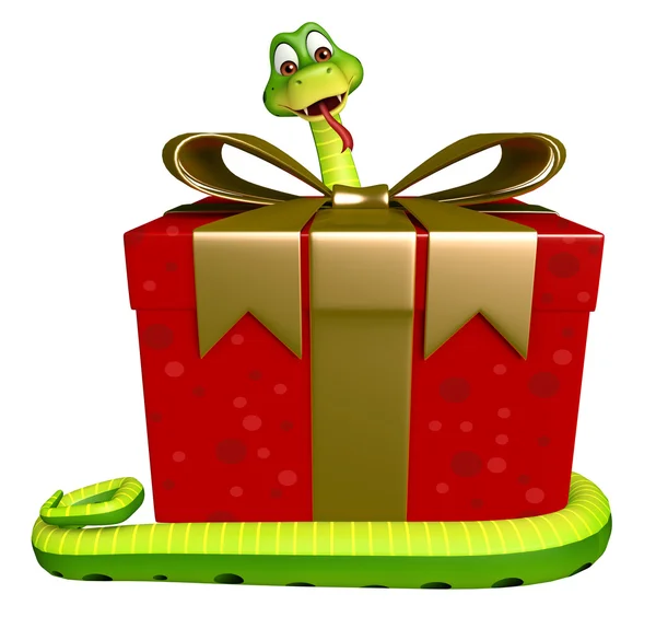 Serpiente personaje de dibujos animados con caja de regalo —  Fotos de Stock