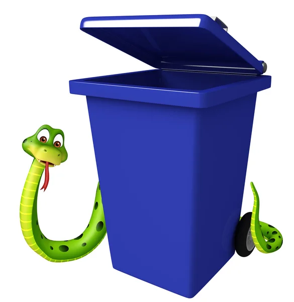 Eğlenceli yılan çizgi film karakteri ile çöp kovası — Stok fotoğraf
