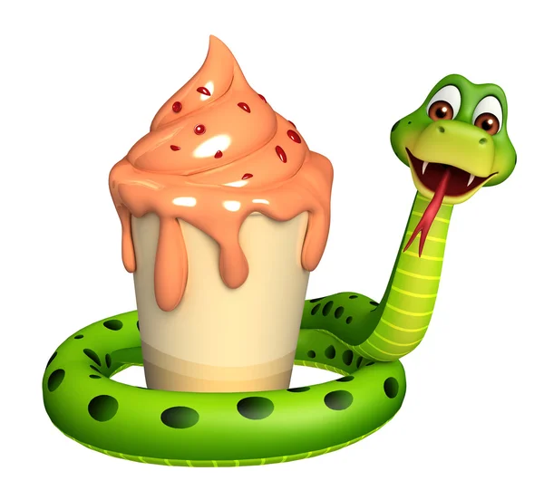 Χαριτωμένο φίδι κινούμενα σχέδια χαρακτήρα με παγωτό — Φωτογραφία Αρχείου