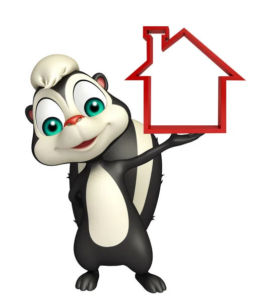 Fun Skunk cartoon character with home sign — Stock Photo, Image
