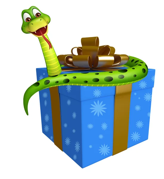 Yılan giftbox ile karakter karikatür — Stok fotoğraf