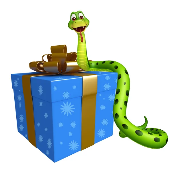 Serpente personaggio dei cartoni animati con scatola regalo — Foto Stock
