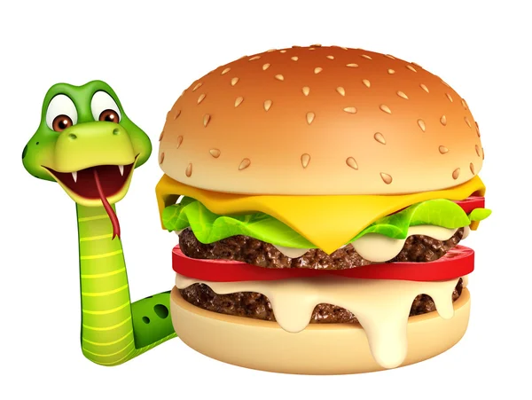 Amusant personnage de dessin animé serpent avec hamburger — Photo