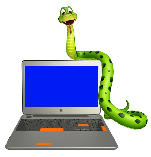 Divertido personaje de dibujos animados de serpiente con portátil —  Fotos de Stock