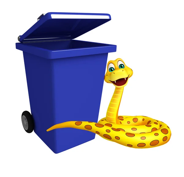 Fun Snake cartoon character with dustbin — Stock Photo, Image