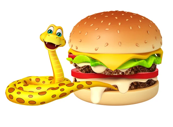 Personnage de dessin animé serpent avec hamburger — Photo