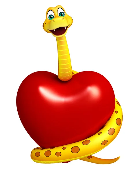 Eğlenceli yılan çizgi film karakteri ile kalp — Stok fotoğraf
